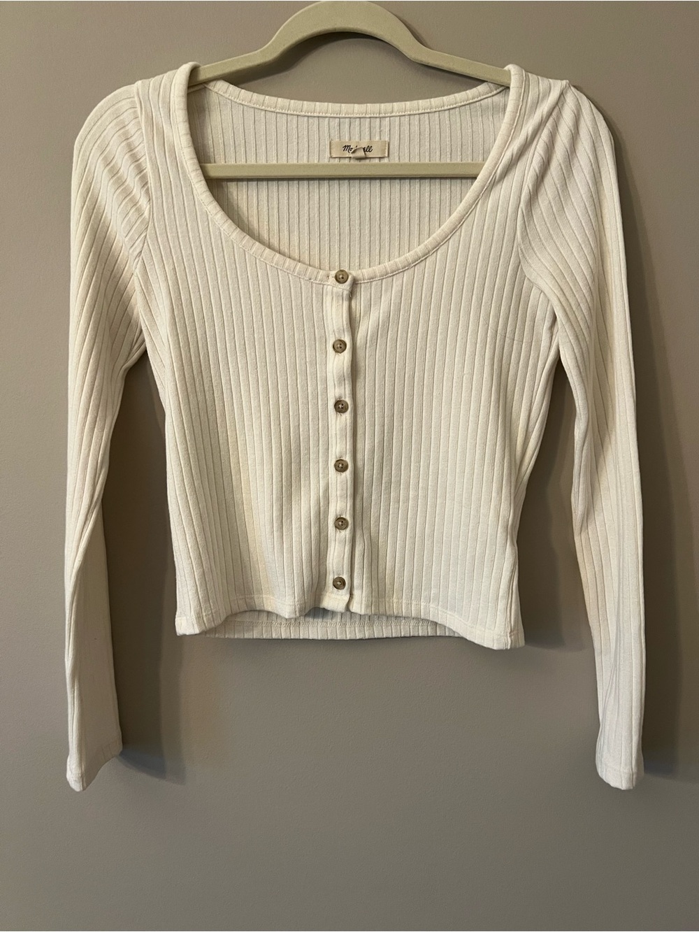 Madewell Cream Ribbed Scoop-Neck Button Crop Top